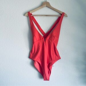 Zara Coral Cross Strap Deep V One Piece